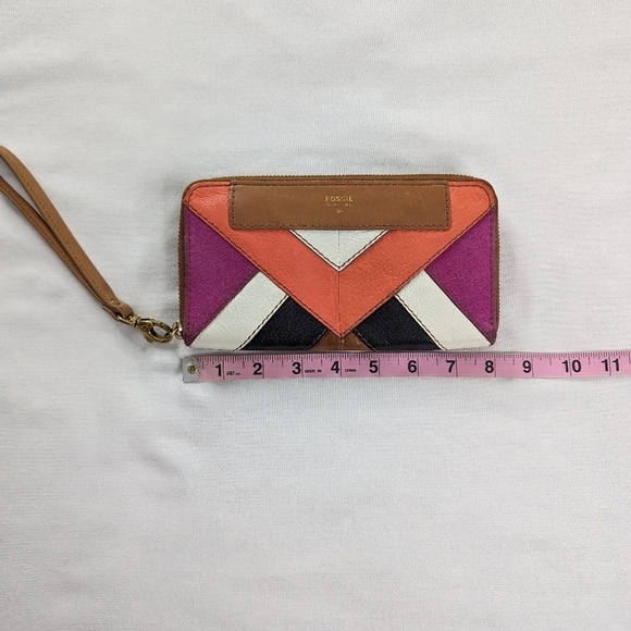 Fossil Leather Coral Black Tan Suede Zipper Closure Wristlet Wallet - Picture 6 of 6